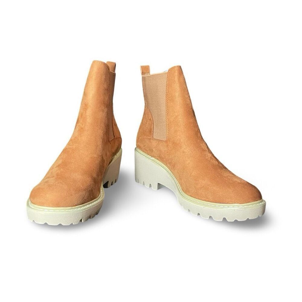 JULIET HOLY Lug Sole Platform Ankle Chelsea Slip on Boots, Dark Cognac, Size 11